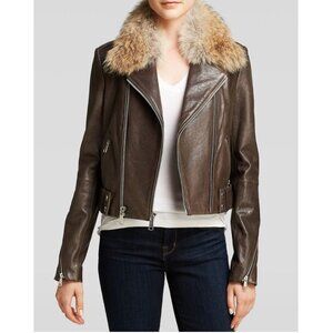 Andrew Marc x Richard Chai Beth Leather Moto Jacket Coyote Fur Brown Size Small